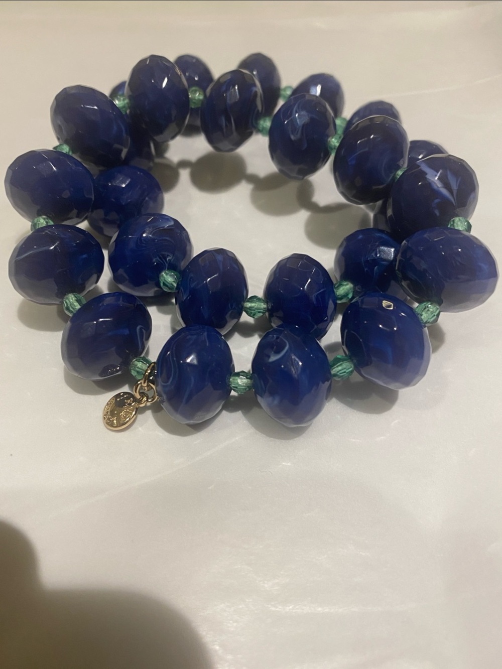 J. Crew Navy Blue Faceted Bead Stretch Bracelet with Green Accents